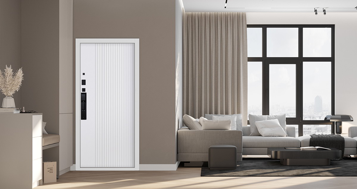 Входная дверь АСД "Беркут" (биометрический замок Smart lock DZ 888) Букле графит/Бетон светлый