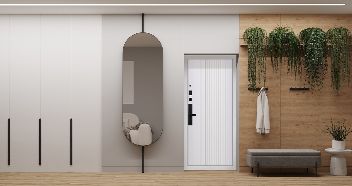Входная дверь АСД "Беркут" (биометрический замок Smart lock R06) Букле графит/Бетон светлый