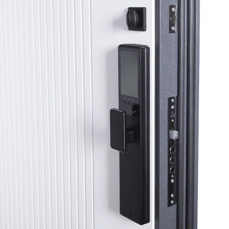 Входная дверь АСД "Беркут" (биометрический замок Smart lock Y12) Букле графит/Бетон светлый