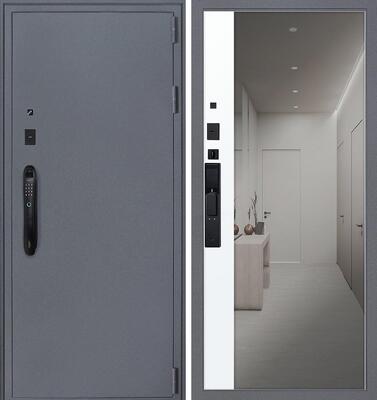Входная дверь АСД "Беркут" с зеркалом (биометрический замок Smart lock DZ 888) Букле графит/Бетон светлый