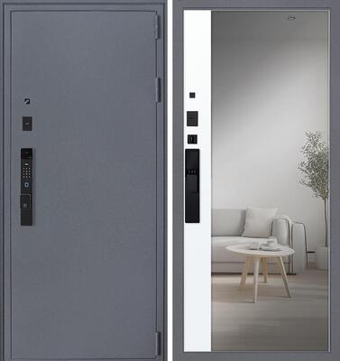 Входная дверь АСД "Беркут" с зеркалом (биометрический замок Smart lock К06) Букле графит/Бетон светлый