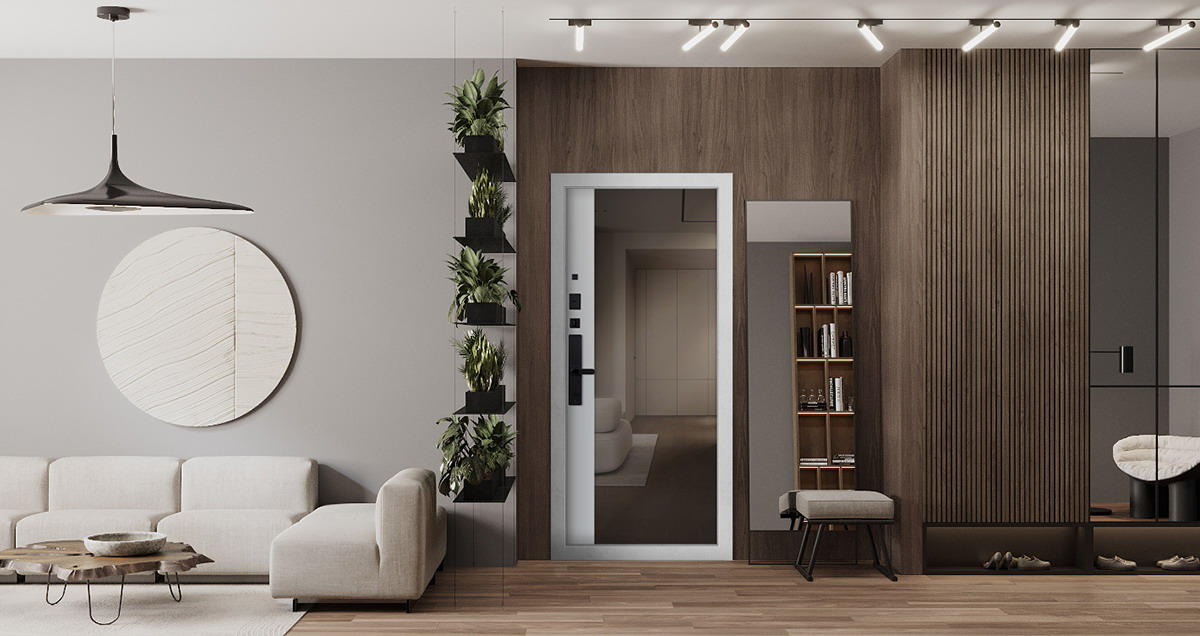 Входная дверь АСД "Беркут" с зеркалом (биометрический замок Smart lock R06) Букле графит/Бетон светлый