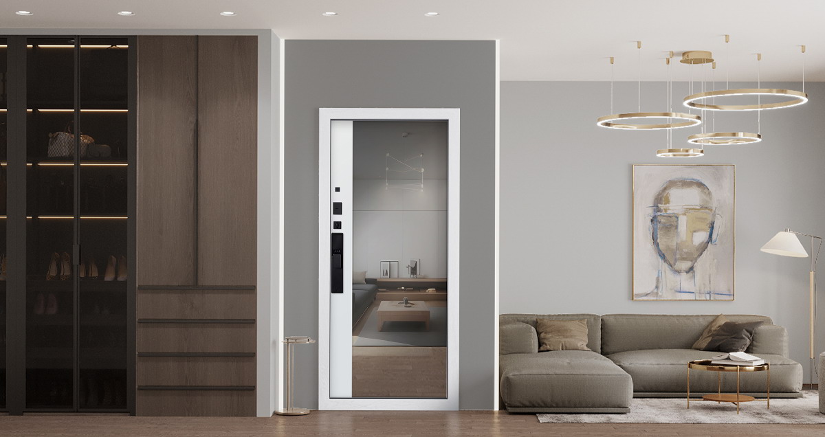 Входная дверь АСД "Беркут" с зеркалом (биометрический замок Smart lock Y12) Букле графит/Дуб галиф натуральный