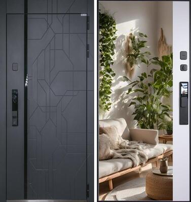 Входная дверь АСД "Forest" с зеркалом (биометрический замок Smart lock Y23) Муар чёрный/Белый матовый