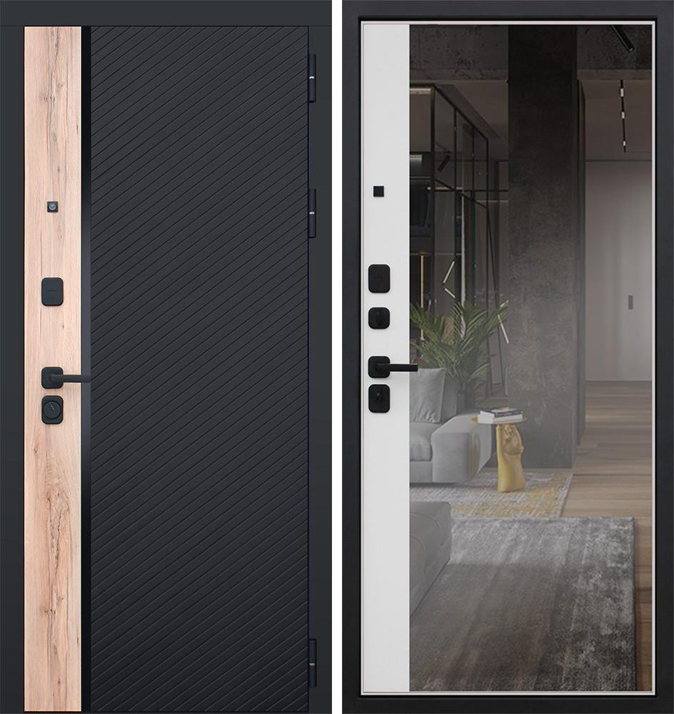 Входная дверь АСД "Фрегат" с зеркалом (биометрическая дверная ручка Smart lock T888) Муар черный/Белый матовый