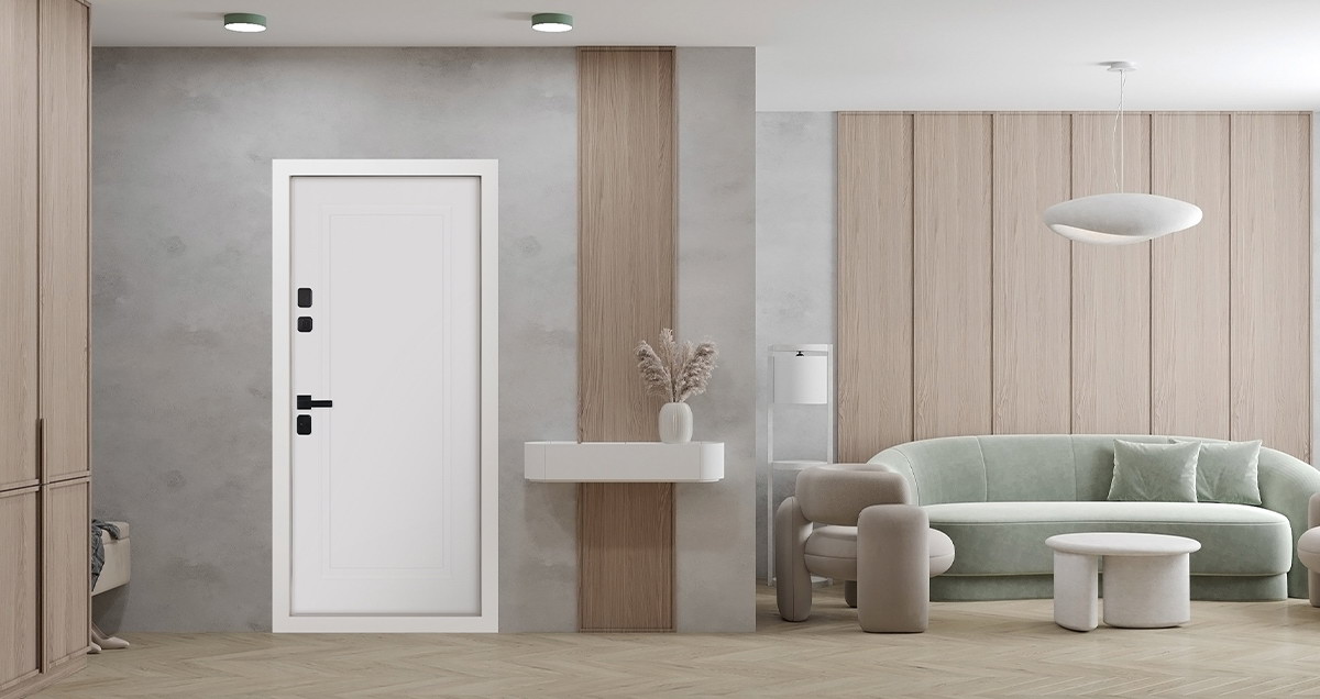 Входная дверь АСД "Горизонт" (биометрическая дверная ручка Smart lock T888) Муар белый/Белый матовый