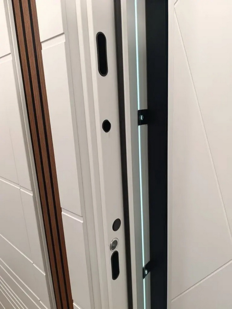 Входная дверь АСД "Горизонт" с зеркалом (биометрический замок Smart lock Y23) Муар белый/Белый матовый