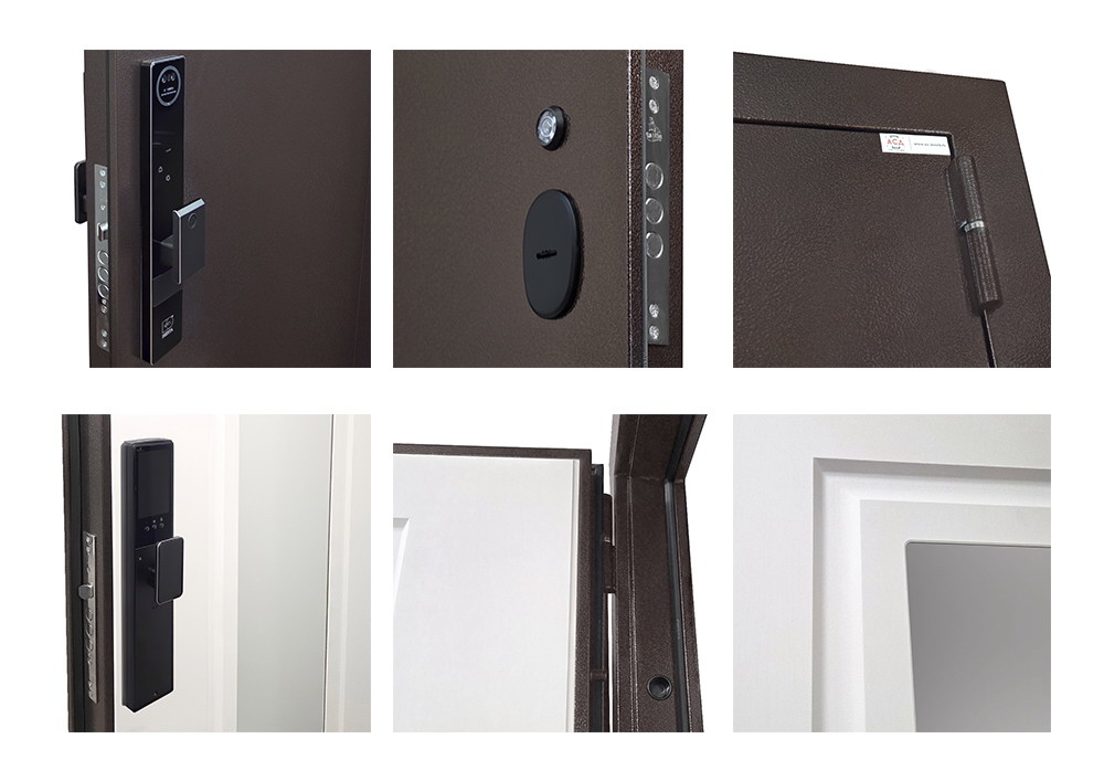 Входная дверь АСД "Комфорт" с зеркалом (биометрический замок Smart lock Y12) Медный антик/Ясень белый снег