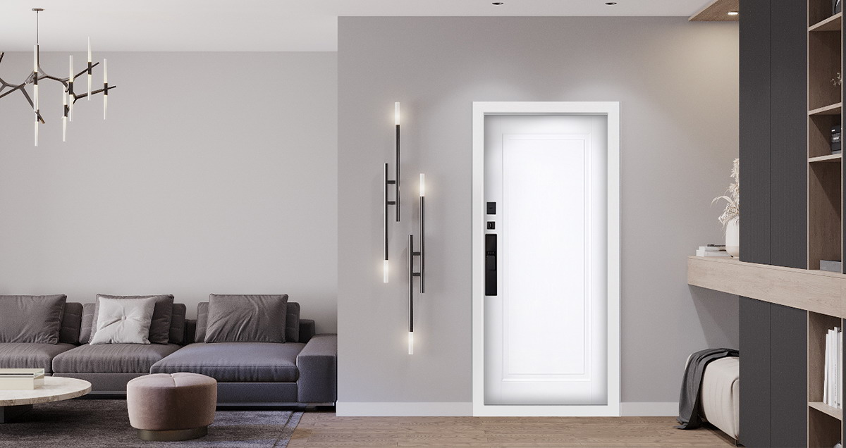 Входная дверь АСД "Plata" (биометрический замок Smart lock Y23) Муар черный/Белый матовый
