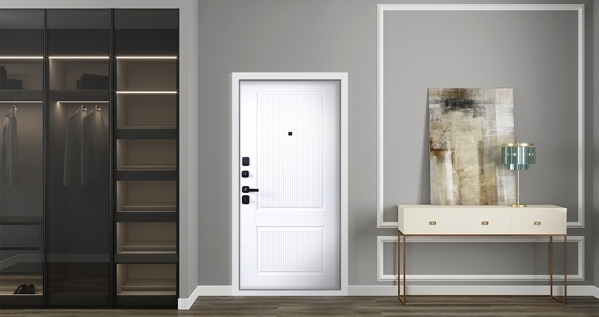Входная дверь АСД "Scandi" (биометрическая дверная ручка Smart lock T888) Муар черный/Белый матовый