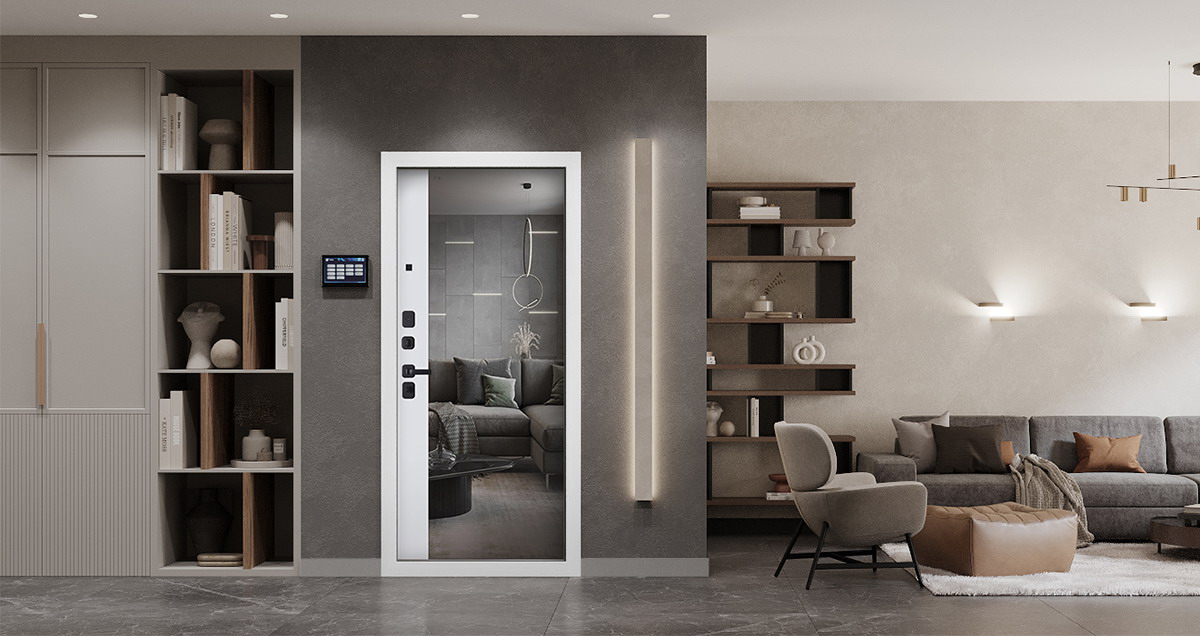 Входная дверь АСД "Scandi" с зеркалом (биометрический замок Smart lock R06) Муар черный/Белый матовый