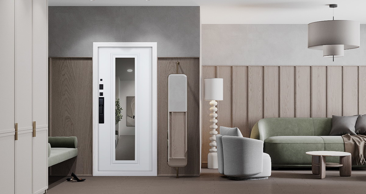 Входная дверь АСД "Vegas" с зеркалом (биометрический замок Smart lock DZ 888) Муар серый/Белый матовый
