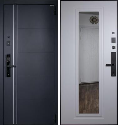 Входная дверь АСД "Vegas" с зеркалом (биометрический замок Smart lock R06) Муар серый/Белый матовый