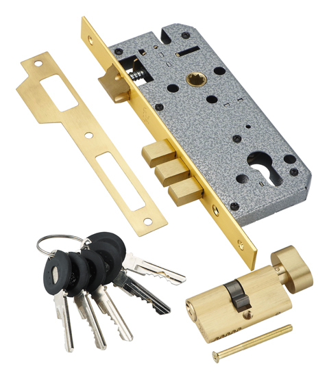 Замок врезной с секретным цилиндром 60мм.5 кл. ADDEN BAU. LOCK 4585 5-60B D GOLD (цвет ЗОЛОТО БЛЕСТЯЩЕЕ)